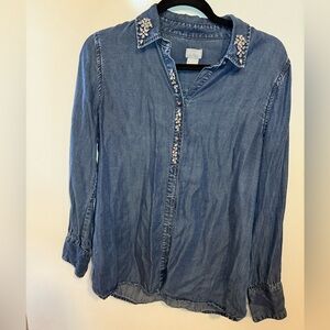 Chico's Long Sleeve Button Up Collared Embellished Rhinestones Shirt Size 8/10